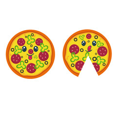 Whole pizza kawaii  with salami. Fast Food Illustration