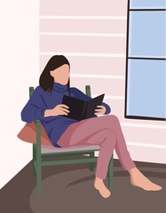vector illustration of a girl at home.  The girl sits in a chair and reads a book.  Girl in bright clothes