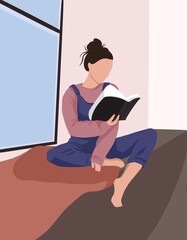 vector illustration of a girl at home.  The girl sits on the windowsill and reads a book.  Girl in bright clothes
