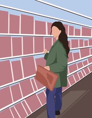vector illustration of a girl in a bookstore.  girl near the shop window