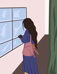 vector illustration of a girl who reads a book standing near the window in a long dress