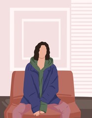vector illustration of a girl on an orange sofa with curly hair