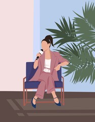 vector illustration of a girl on stage with a microphone in her hands.  girl on a purple chair next to palm trees