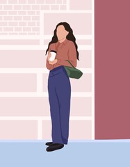 vector illustration of a girl in purple pants.  girl with coffee in her hands, next to a pink brick wall