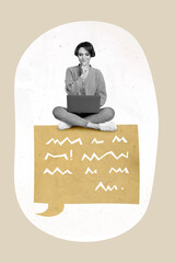 Vertical composite picture of black white gamma woman sitting drawing dialogue hand touch chin use...
