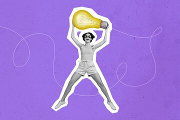 Photo cartoon comics collage of funny lady black white visual effect jumping high rising bulb...