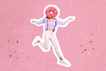 Composite image of jumping person donut instead head isolated on drawing creative pink background