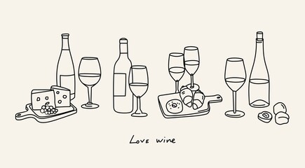 Bottles and glasses of sweet and dry Wine. Wine, wooden plates with cheese, fruits, croissant. Traditional wine snacks. Hand drawn outline Vector illustration. All elements are isolated