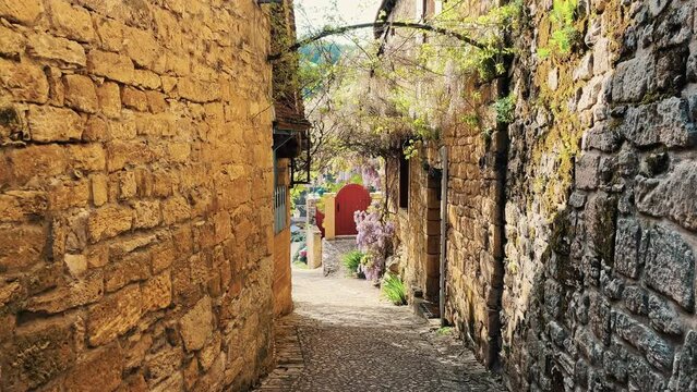 The streets of Fort de La Roque-Gageac in La Roque-Gageac near Verzac in a southwest France during the spring time. High quality 4k footage
