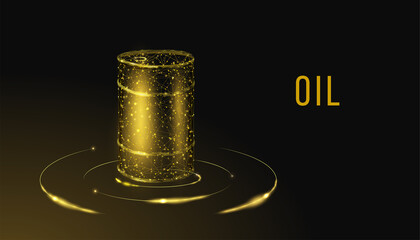 Barrel with oil. Glowing barrel of petroleum. Wireframe low poly graphics. Abstract vector illustration on dark background