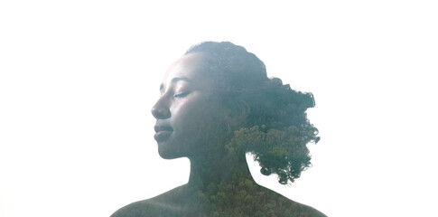 Nature therapy. Health vitality. Healing meditation. Double exposure profile silhouette of calm tranquil woman face with forest landscape clouds isolated on white empty space. - obrazy, fototapety, plakaty