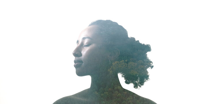 Nature therapy. Health vitality. Healing meditation. Double exposure profile silhouette of calm tranquil woman face with forest landscape clouds isolated on white empty space.