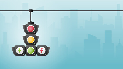 Concept traffic light banner free space for text. Traffic light signal with red, yellow and green color, Illustration of business card stoplight.