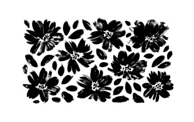 Black brush flower silhouettes. Spring flowers hand drawn vector set. Anemones, peonies, chrysanthemums isolated cliparts. Black brush flowers with leaves. Monochrome botanical illustration.