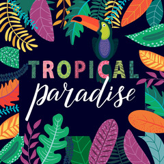Background with exotic tropical plants, flowers and leaves. vector image 