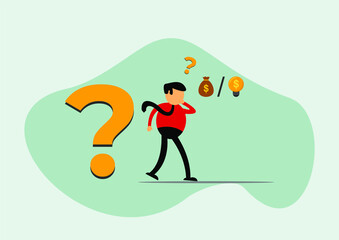 Vector illustration of a businessman cartoon character confused thinking of an idea or money, Commonly used for all content about 