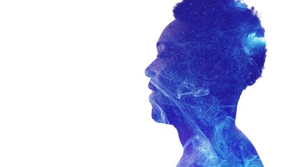 Creative mind. Talent imagination. Bright consciousness. Double exposure profile silhouette of smiling man face with blue purple paint splash glow isolated on white copy space.