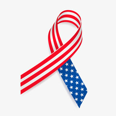 USA flag ribbon. Independence and Memorial Day. Patriotic and solidarity symbol. Isolated on white background. Vector illustration