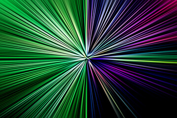 Obraz premium Abstract radial zoom blur surface in green, lilac and blue tones. Spectacular bright background with radial, radiating, converging lines. The background is divided into two parts.