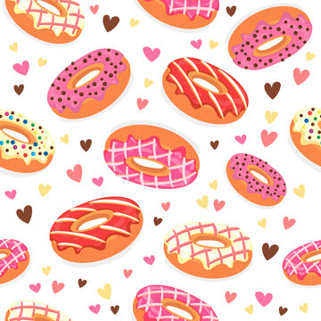 vector image of donuts with strawberry and vanilla cream. seamless pattern.