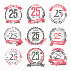 Collection of anniversary badges and labels retro design 