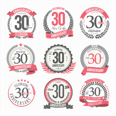 Collection of anniversary badges and labels retro design 