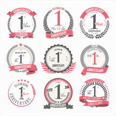 Collection of anniversary badges and labels retro design 