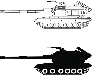 Self-propelled howitzer icon, drawing, diagram and silhouette vector image.