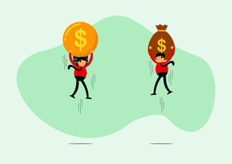 Vector illustration of businessman cartoon character competition between ideas and money, Commonly used for all content about 
