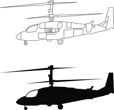 Multipurpose attack helicopter, Ka-52, Mi-28 icon, drawing, diagram and silhouette of the helicopter vector image.