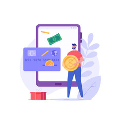 Man receives bonuses on the card. Concept of cashback service, discount and loyalty card, customer service, online shopping, earn point. Vector illustration in flat design