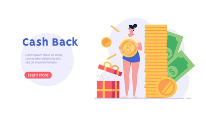 Woman stands next to a stack of coins. Concept of cashback service, discount and loyalty card, customer service, online shopping, earn point. Vector illustration in flat design