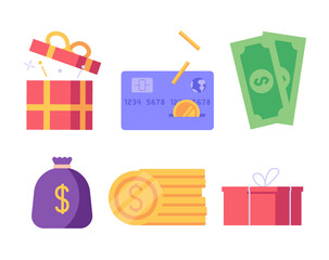 Surprise box with cash prizes, credit card, money bag. Concept of cashback service, discount and loyalty card, customer service, online shopping, earn point. Vector illustration in flat design