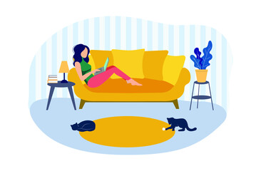 Vector Woman Working on Sofa from Home, Remote Job Concept Interior Room and Playing Cats Illustration Isolated on White Flat Design.