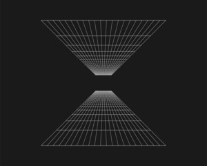 Cyber grid, retro punk perspective rectangular tunnel. Grid tunnel geometry on black background. Vector illustration - obrazy, fototapety, plakaty