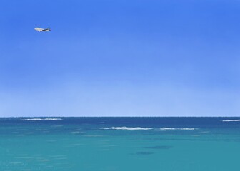 飛行機が飛んでいる青空と海の背景イラスト