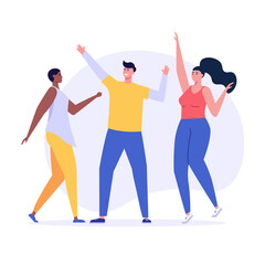 Dancing party concept. People at a picnic dancing outdoors. Barbecue party banners with dancing people at picnic on white background. Vector illustration.