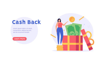 Woman stands on coins, next to a surprise box with money. Concept of cashback service, discount and loyalty card, customer service, online shopping, earn point. Vector illustration in flat design