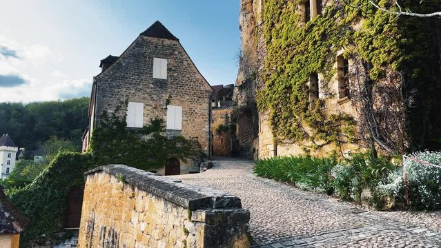 The streets of Fort de La Roque-Gageac in La Roque-Gageac near Verzac in a southwest France during the spring time. High quality 4k footage