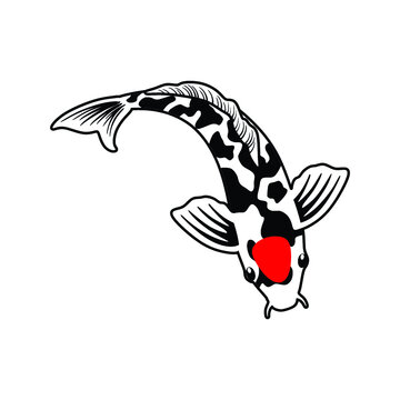 Koi Fish With A Black Pattern And A Red Spot Isolated On White Background. Scalable Vector Graphics.