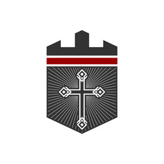 Christian illustration. Church logo. Cross of Jesus Christ on the background of the fortress.
