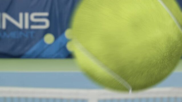 Sports TV Female Tennis Match on Championship with 3D Special Effect Ball. Female Tennis Player Serving Ball with a racquet, Ball Flying into Screen. Live Network Channel Television. VFX Animation