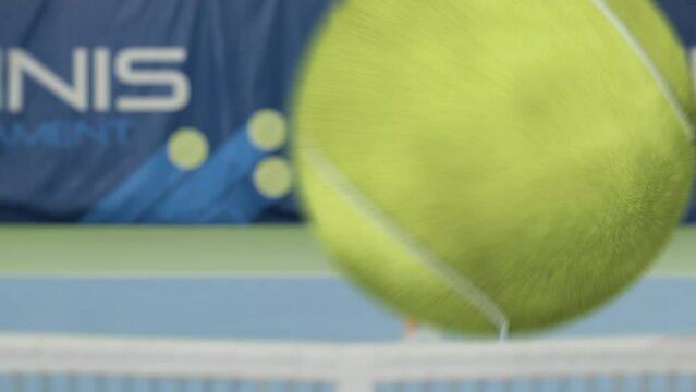 Sports TV Female Tennis Match on Championship with 3D Special Effect Ball. Female Tennis Player Serving Ball with a racquet, Ball Flying into Screen. Live Network Channel Television. VFX Animation