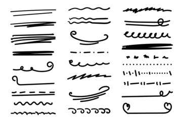 Handmade lines set, brush lines, underlines. Hand-drawn collection of doodle style various shapes. Lettering art elements. Isolated on white. Vector illustration