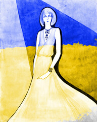 Ukraine yellow blue flag .Watercolo. Elegant lady. Vintage llustration .watercolor