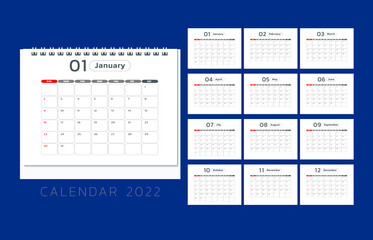Calendar 2022 Monthly, design template, vector illustration.