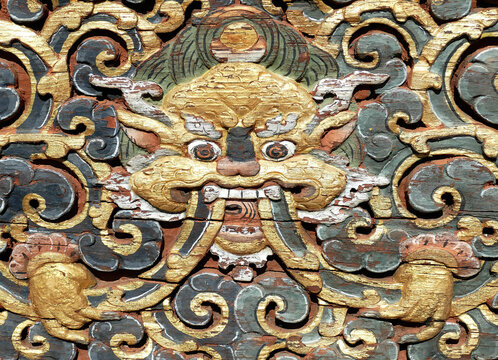 Closeup shot of the Angkor wat carving in Khamsum Yulley Namgyal Chorten