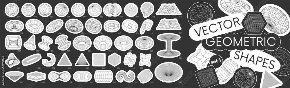 Poster Set stickers with different linear form inspired by brutalism, collection strange wireframes vector 3d geometric shapes, distortion and transformation of figure, design elements set 1