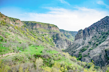 Fototapeta premium Canyon and rocky mountains. Green fields and blue skies