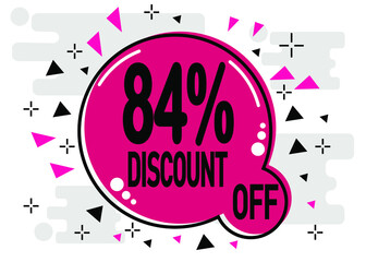84 percent discount. Offer sign for price reduction in stores and sales in pink.